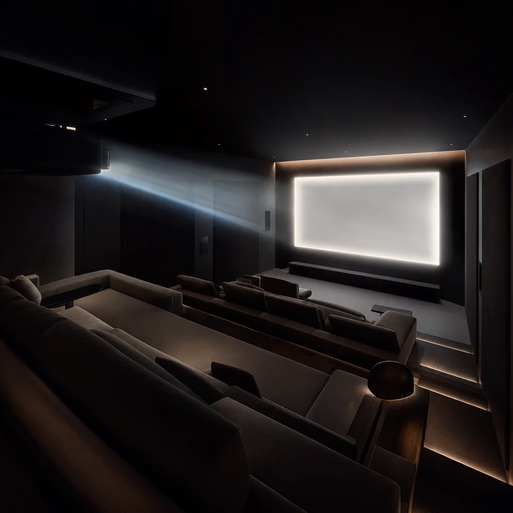 Premium private home cinema with projector beam cutting through darkness
