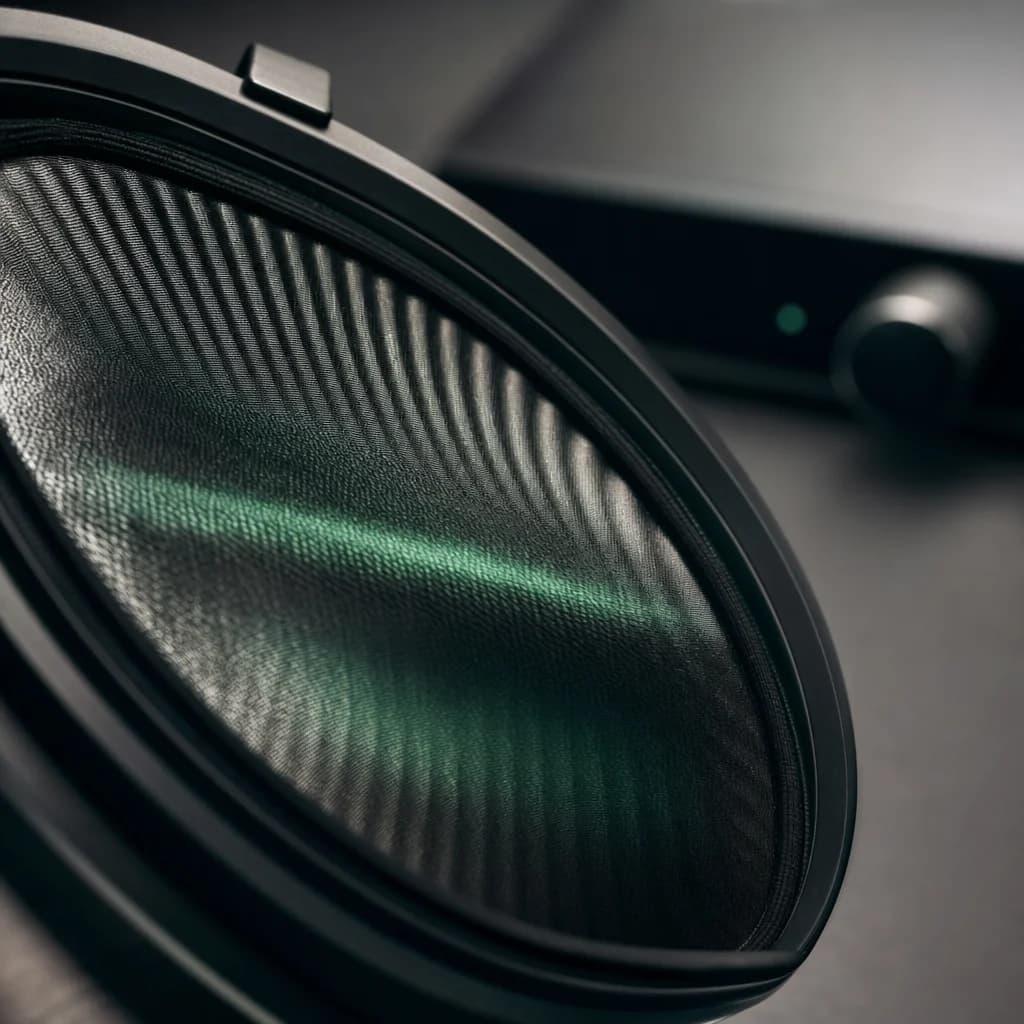Audiophile headphone driver in extreme macro with subtle green signal accent