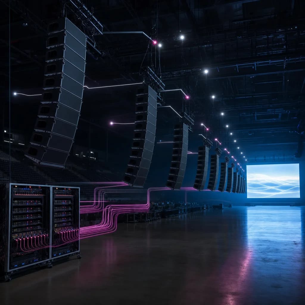 Professional venue with line array speakers and signal path visualization
