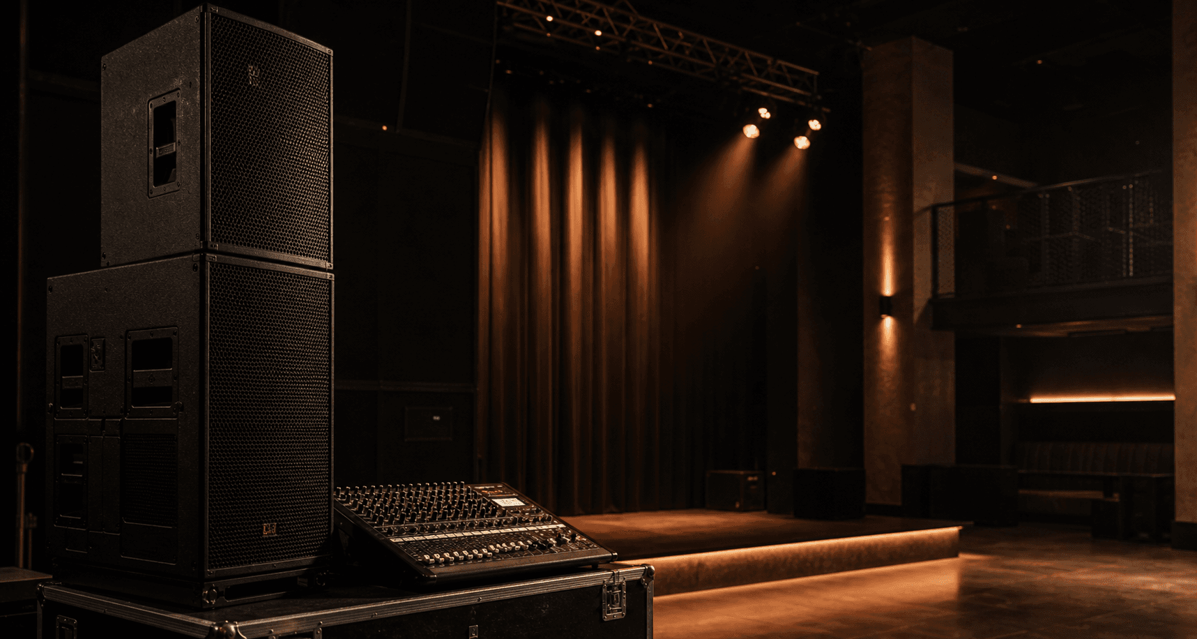 Stage with PA speakers and a mixing desk in warm venue lighting