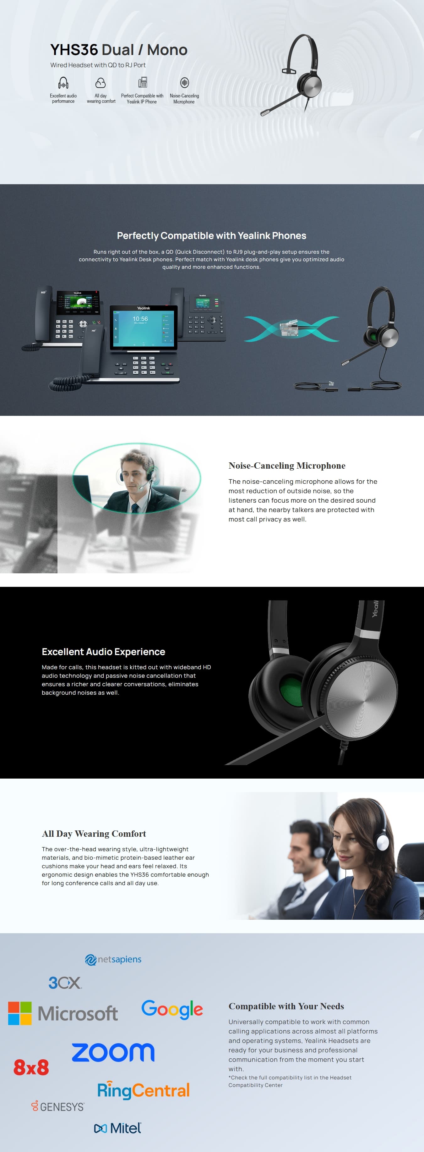 Yealink - YHS36 E2 Dual Headset With RJ-9 And Noise Cancelling Microphone And Leatherette Ear Cushions