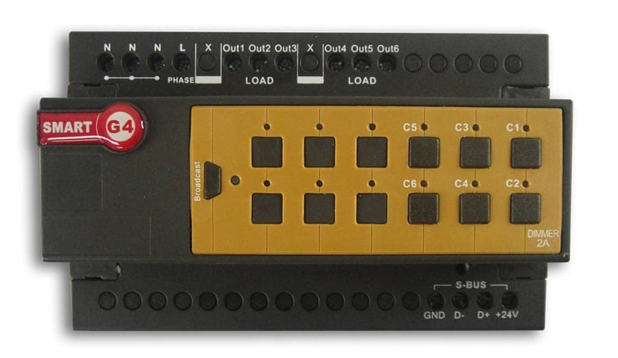 SmartBus SB-DIM6c2A-DN - Dimmer 6ch 2Amp /ch, DIN-Rail Mount (G4) with scene