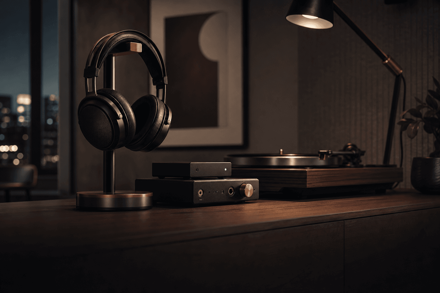 Headphones and a desktop listening system beside a turntable