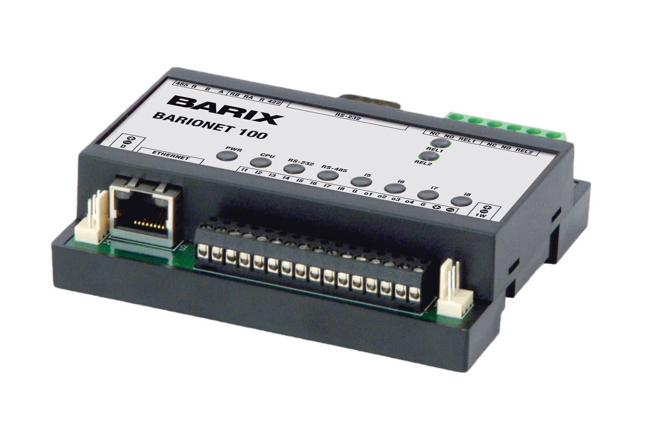 Barix Barionet 100 - Barix universal programmable I/O device server with web server, Modbus/TCP and SNMP support. 2 x Serial ports, 4 x digital & 4 x digital + analog Inputs, 2 x relay + 4 x digital Outputs and Dallas 1-wire support. Requires 9-30V psu