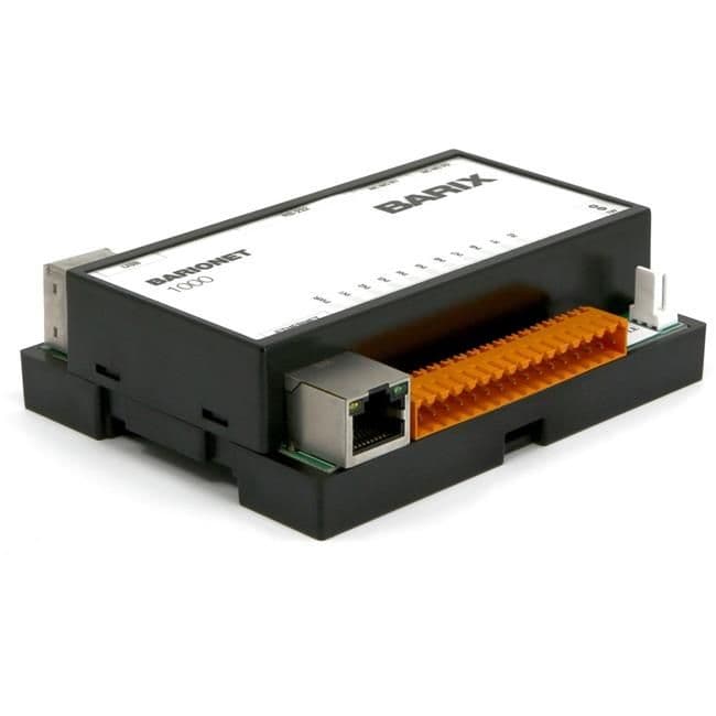 Barix Barionet 1000 - Barix universal programmable IoT sensor server based on Linux OpenWRT. The device interface features 2 USB host interfaces, 4 universal & 4 digital Inputs and 4 digital + 2 relay outputs + RS232 & ethernet ports. It is IPv4 and IPv