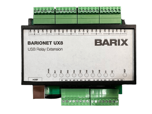 Barix Barionet UX8 - The UX8 is a USB connected and powered IO Extension for IPAM based Barionet devices. It provides a simple way to increase the number of contact closures with 8x Dry Input Contact and 8x Relay outputs with NO and NC positions. Only com