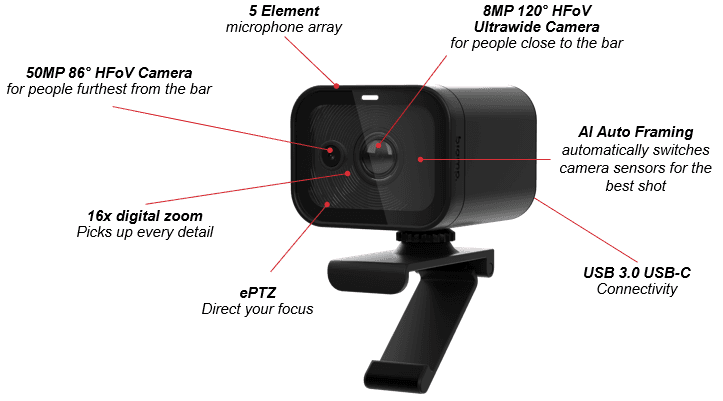 Biamp Apprimo, Impera, Vidi VIDI 150 - Biamp 4K conferencing camara with 120 degree field of view. Digital PTZ and autoframing. Two omni directional microphones with on board noise cancelling. USB B.